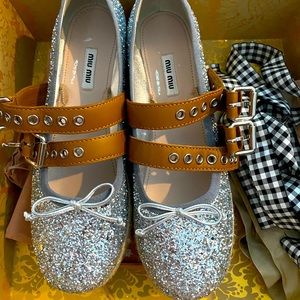 Miu Miu Silver Glitter Flats with Tan Straps